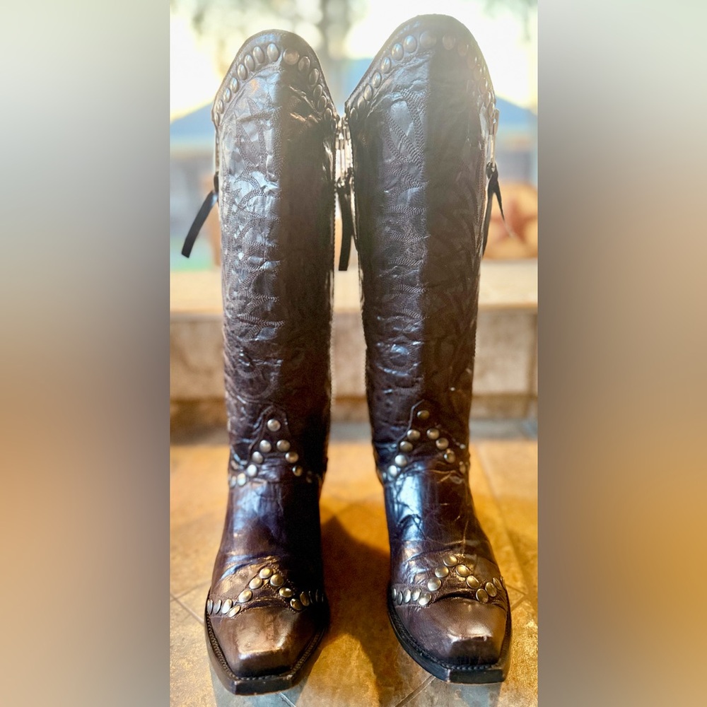 Old Gringo Studded Tall Western Boots Womens 7B Brown Leather Snip Toe Knee High - Picture 2 of 12